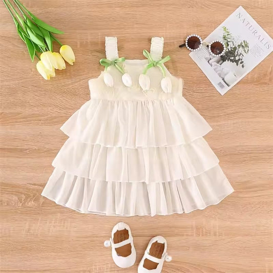 Lioraitiin Toddler Girls Sleeveless Dress Casual Summer Cute Floral Bows Layered A-Line Dress for Beach Party Cute Clothes